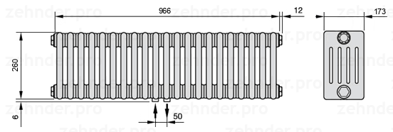 Схема (чертеж) Радиатор Zehnder Charleston 5026/21 №3470 Белый глянцевый RAL 9016